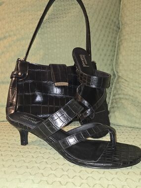 Kitten Heels Black Croc-Embossed Strappy Heel Sandals